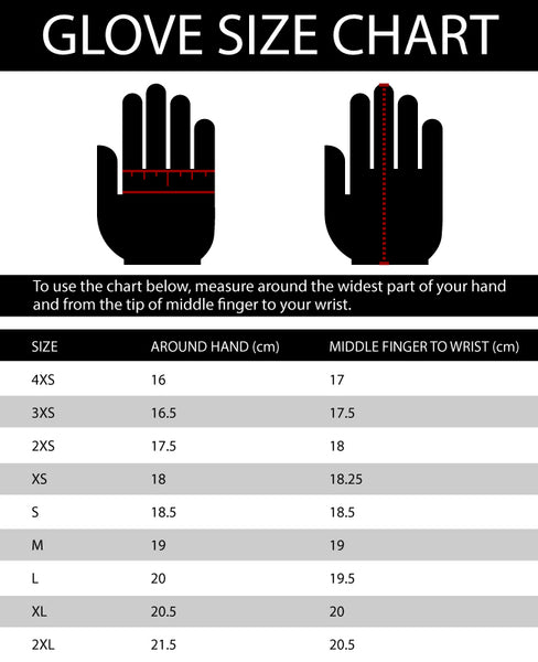 Glove size chart with hand illustrations and measurement details.