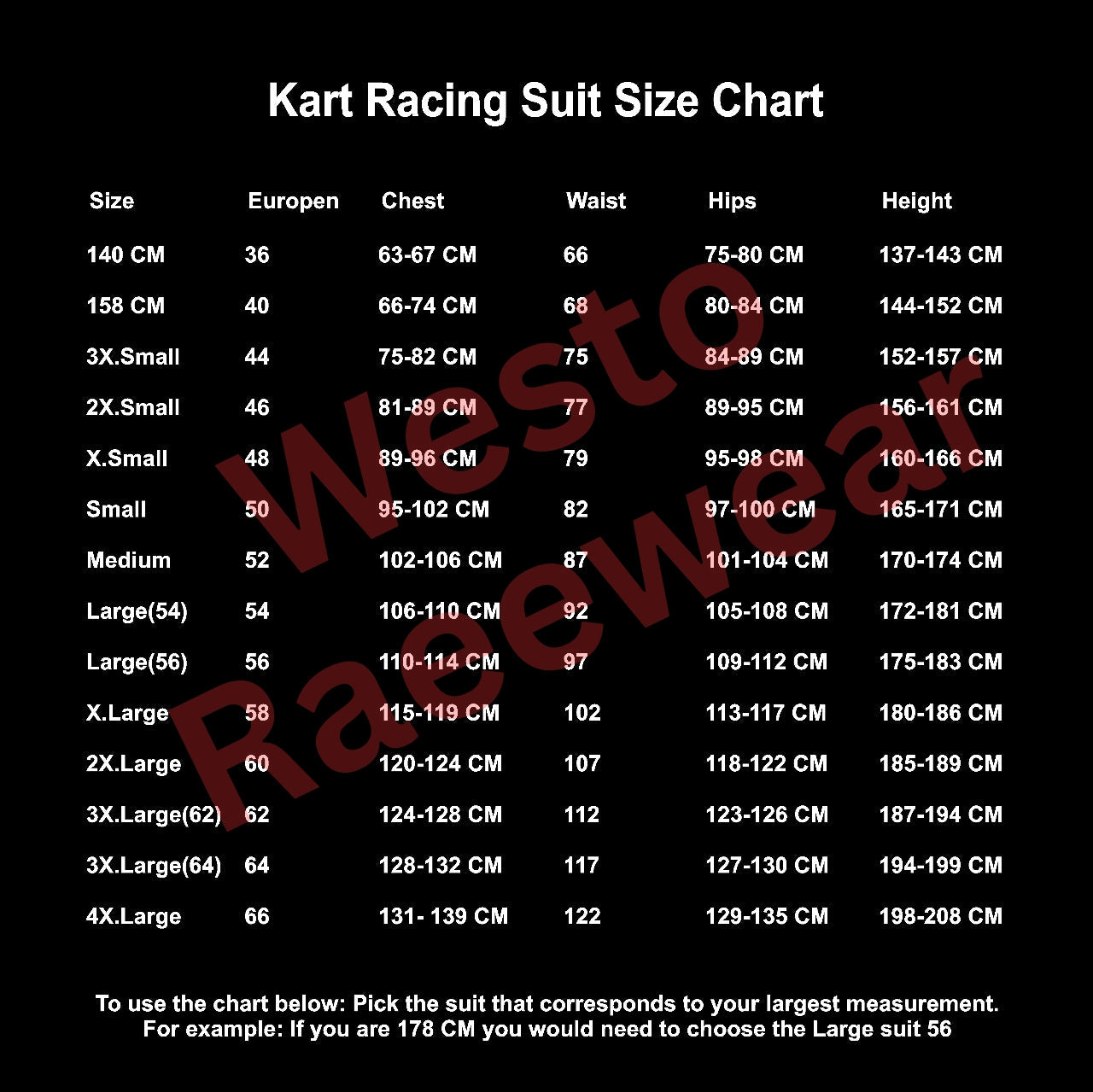 Kart Racing Suit Size Chart with measurements on a black background and Westo Racewear Watermark.