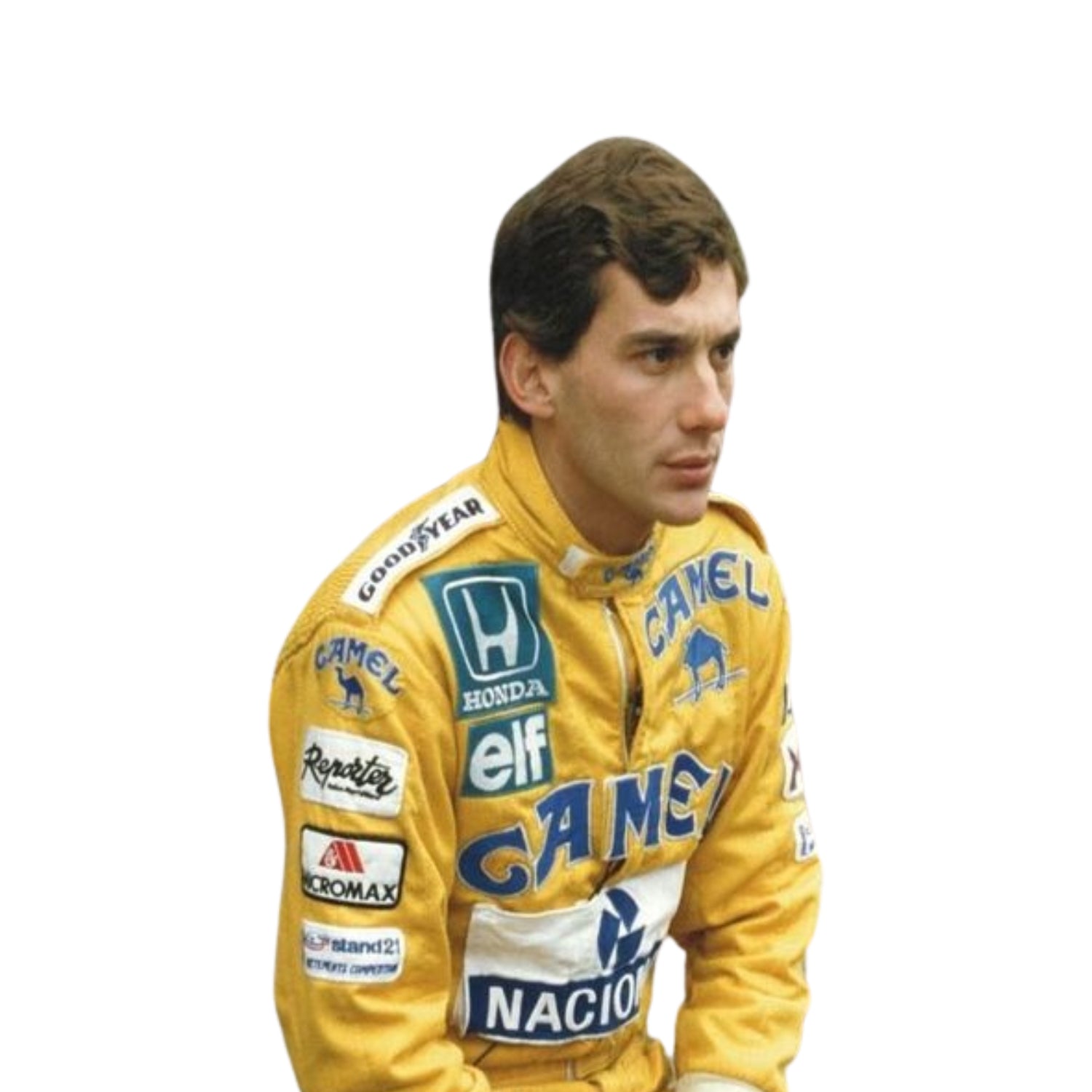 Close-up shot of the 1987 F1 racing suit worn by Ayrton Senna, highlighting premium stitching, fabric texture, and colorful sponsor logos.