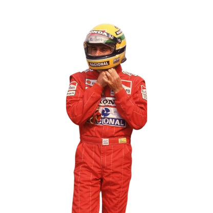 Close-up detail of Ayrton Senna’s 1988 racing suit stitching, premium fabric texture, and historical sponsor logo placements, crafted by Stand21.