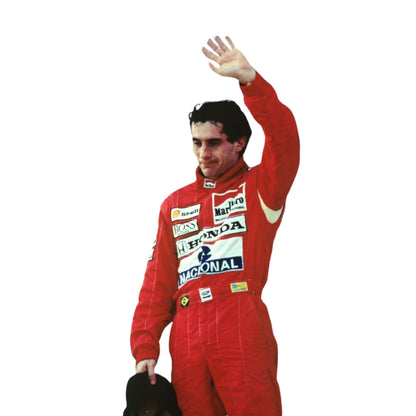 Close-up detail of Ayrton Senna’s 1988 racing suit stitching, premium fabric texture, and historical sponsor logo placements, crafted by Stand21.