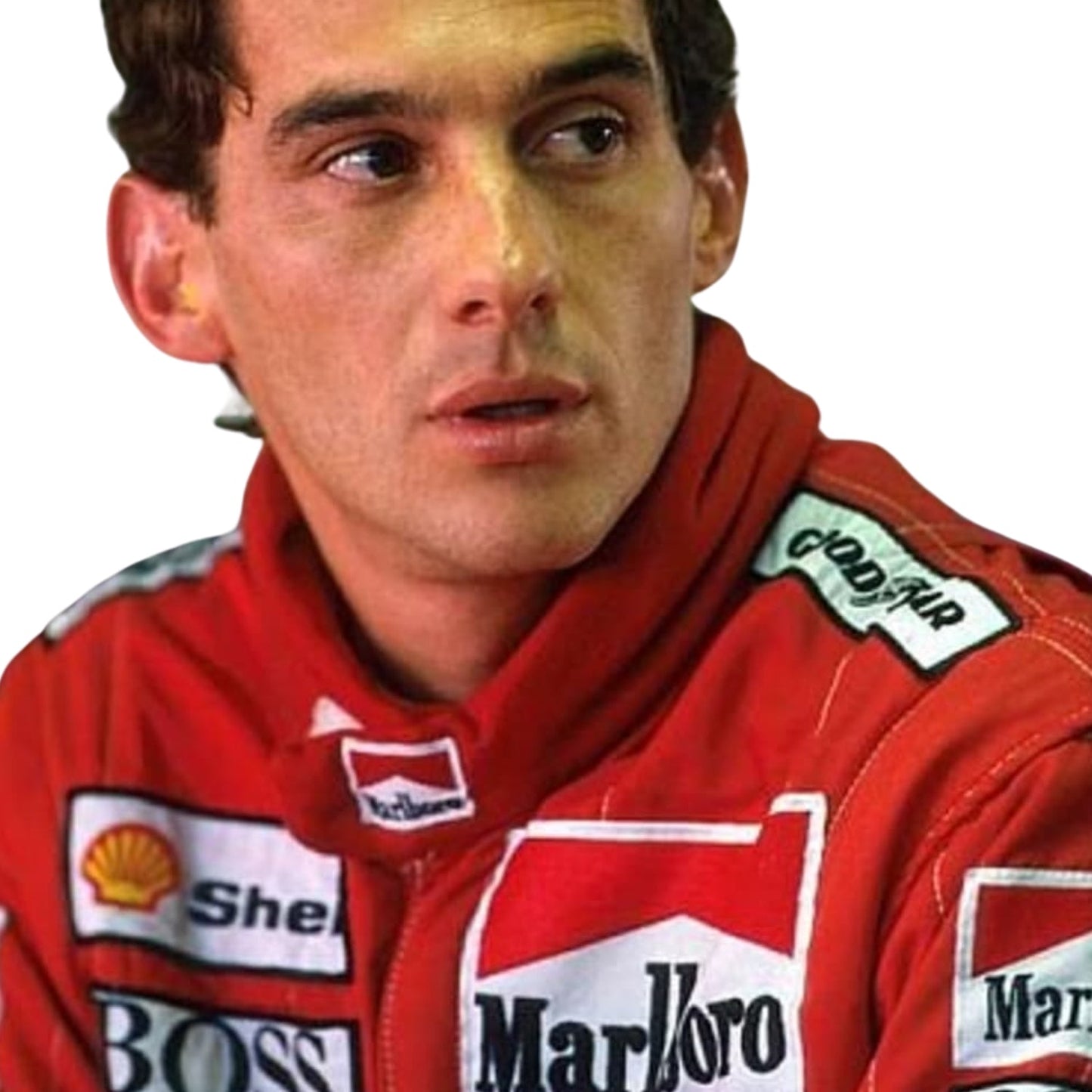 Close-up detail of Ayrton Senna’s 1988 racing suit stitching, premium fabric texture, and historical sponsor logo placements, crafted by Stand21.