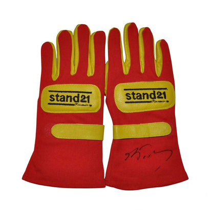 Red Alain Prost 1990 F1 Racing gloves with yellow accents and 'stand21' logo on a white background