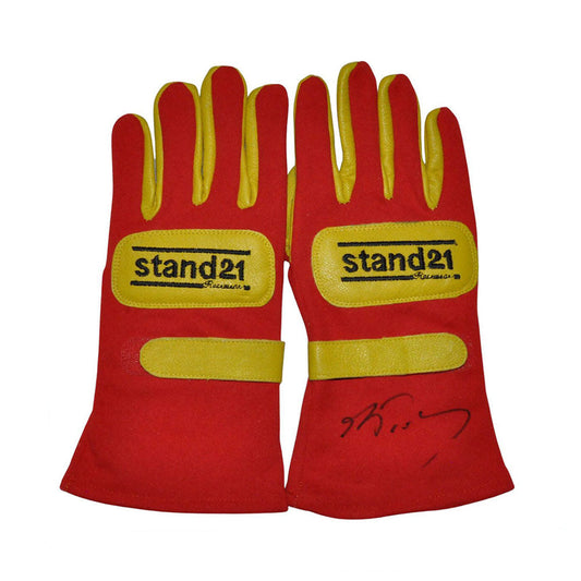 Red Alain Prost 1990 F1 Racing gloves with yellow accents and 'stand21' logo on a white background
