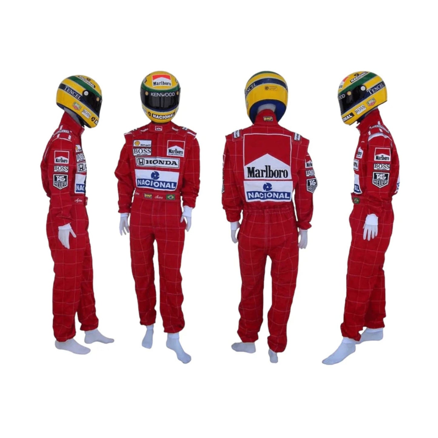 Front view of Ayrton Senna’s 1991 F1 racing suit worn at the United States GP, with iconic red and white design, featuring sponsor logos and race details.
Back view of Ayrton Senna’s 1991 F1 racing suit, showcasing the bold red and white colors and premium fabric, marking his triumph in the United States GP.
Left and Right Side profile of the 1991 United States GP racing suit worn by Ayrton Senna, highlighting the aerodynamic fit and the classic sponsor patches. 