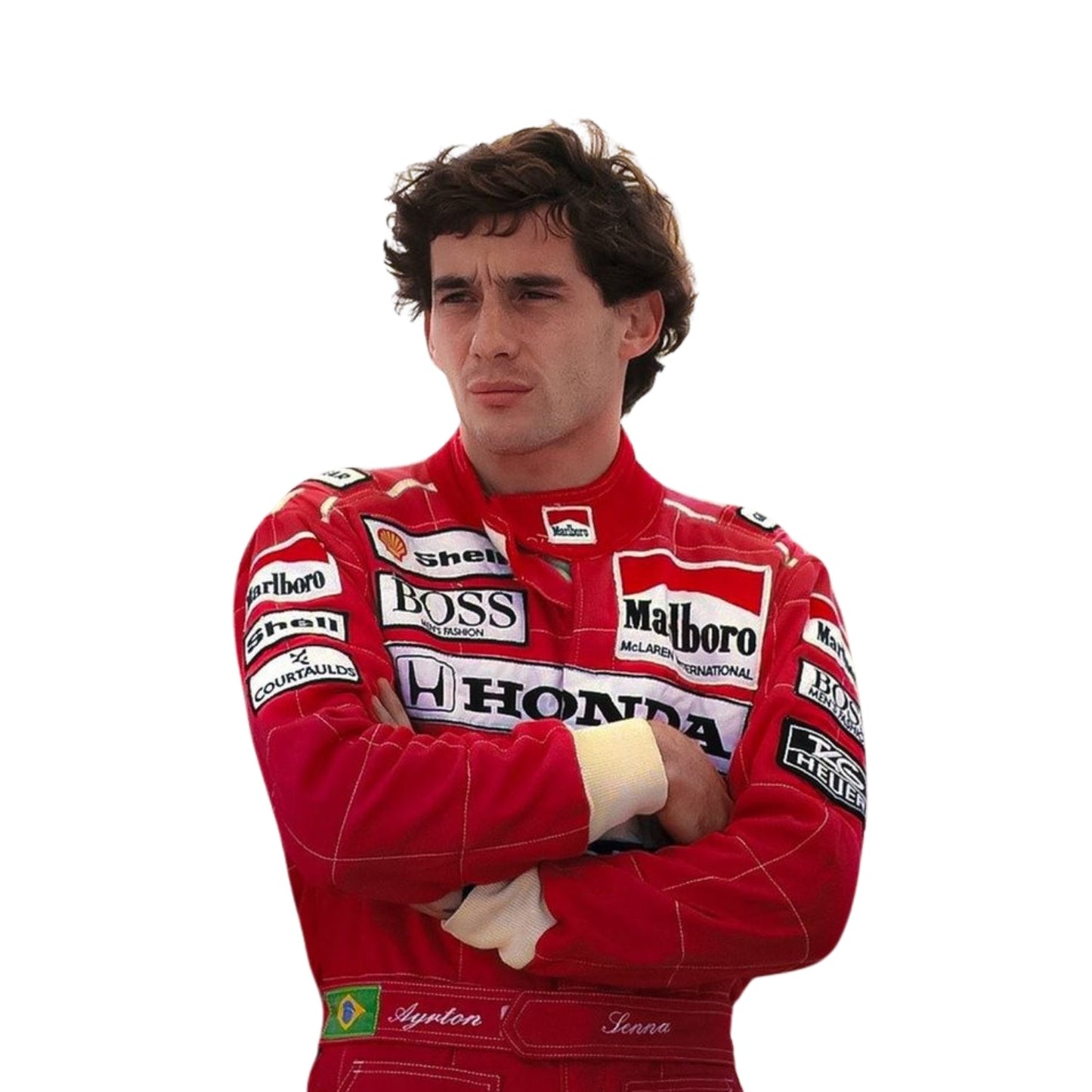 Close-up shot of Ayrton Senna’s 1991 racing suit stitching and sponsor logos, capturing the fine craftsmanship and detail that made this McLaren suit iconic.