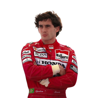 Close-up shot of Ayrton Senna’s 1991 racing suit stitching and sponsor logos, capturing the fine craftsmanship and detail that made this McLaren suit iconic.