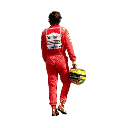Back view of Ayrton Senna’s 1991 F1 racing suit, showcasing the bold red and white McLaren colors and premium fabric, marking his triumph in the United States GP.