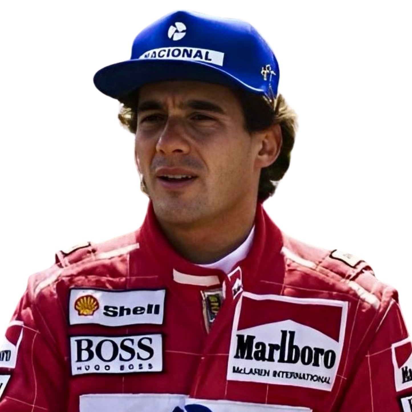 Close-up shot of Ayrton Senna’s 1991 racing suit stitching and sponsor logos, capturing the fine craftsmanship and detail that made this McLaren suit iconic.