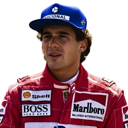 Close-up shot of Ayrton Senna’s 1991 racing suit stitching and sponsor logos, capturing the fine craftsmanship and detail that made this McLaren suit iconic.