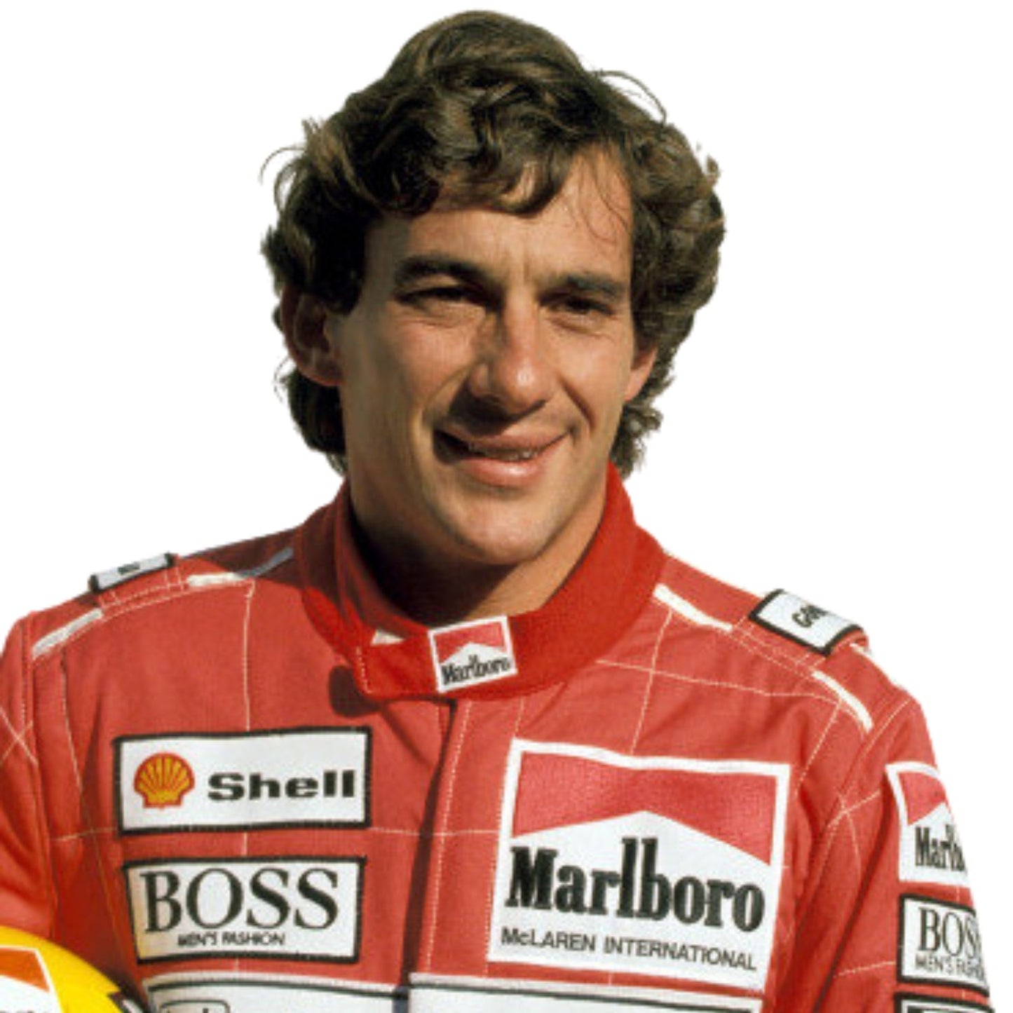 Close-up shot of Ayrton Senna’s 1991 racing suit stitching and sponsor logos, capturing the fine craftsmanship and detail that made this McLaren suit iconic.