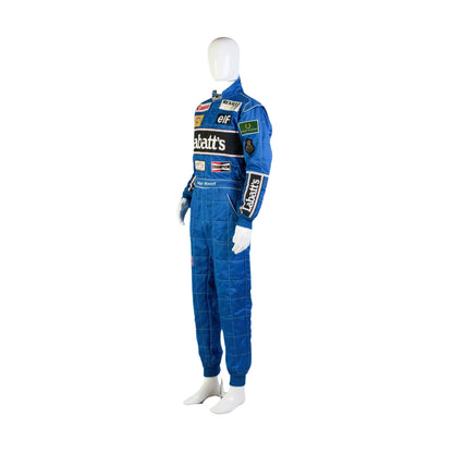 Left Side profile of the 1992 racing suit worn by Nigel Mansell, showing clean tailoring, elbow patches, and side sponsor placements from his championship-winning year.