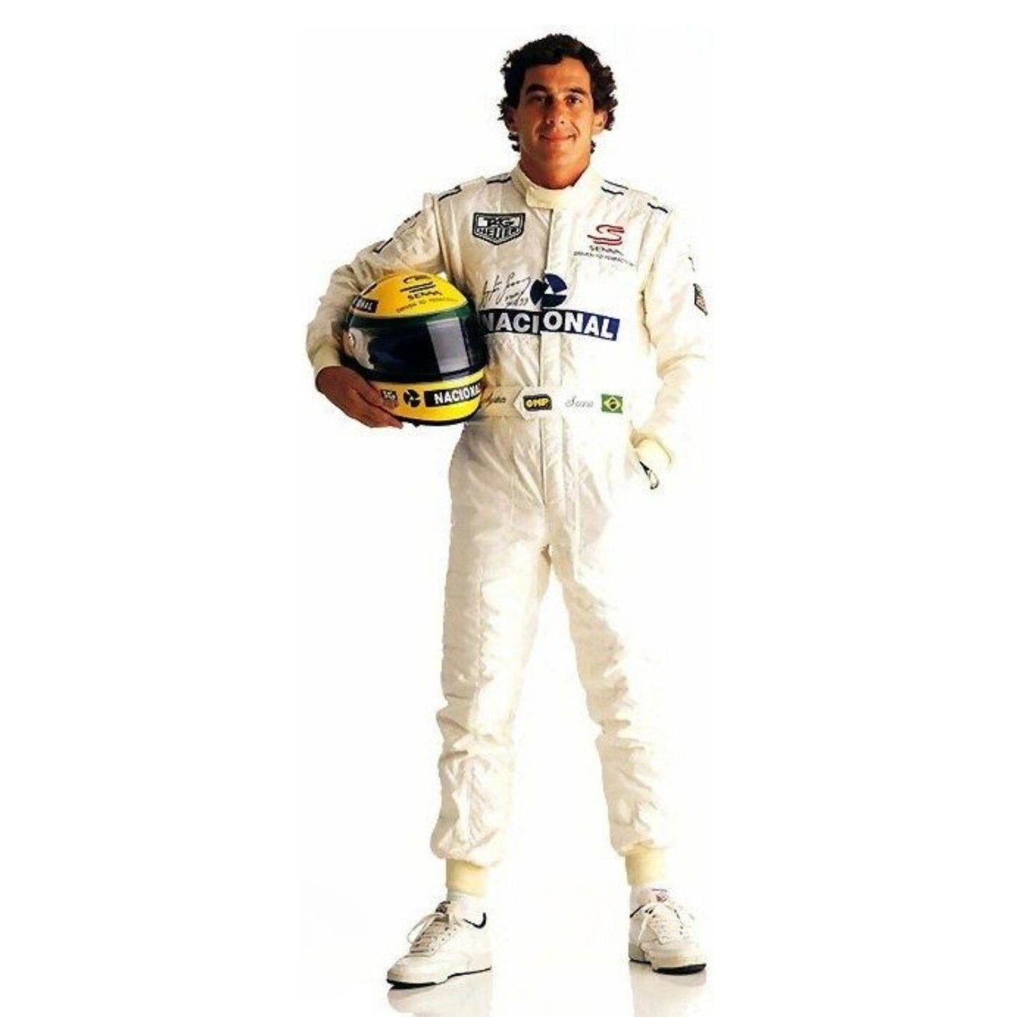 Front view of the 1993 Ayrton Senna Paris Bercy F1 racing suit, featuring a striking red base with bold white and yellow sponsor patches and distinct stitched detailing.