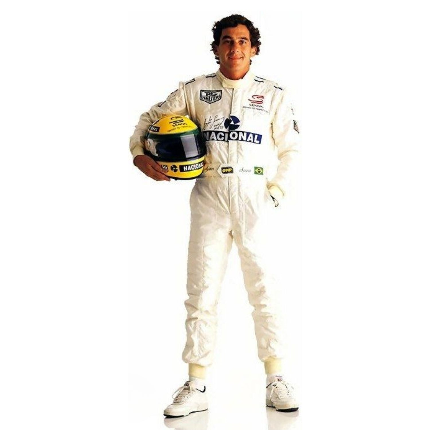 Front view of the 1993 Ayrton Senna Paris Bercy F1 racing suit, featuring a striking red base with bold white and yellow sponsor patches and distinct stitched detailing.