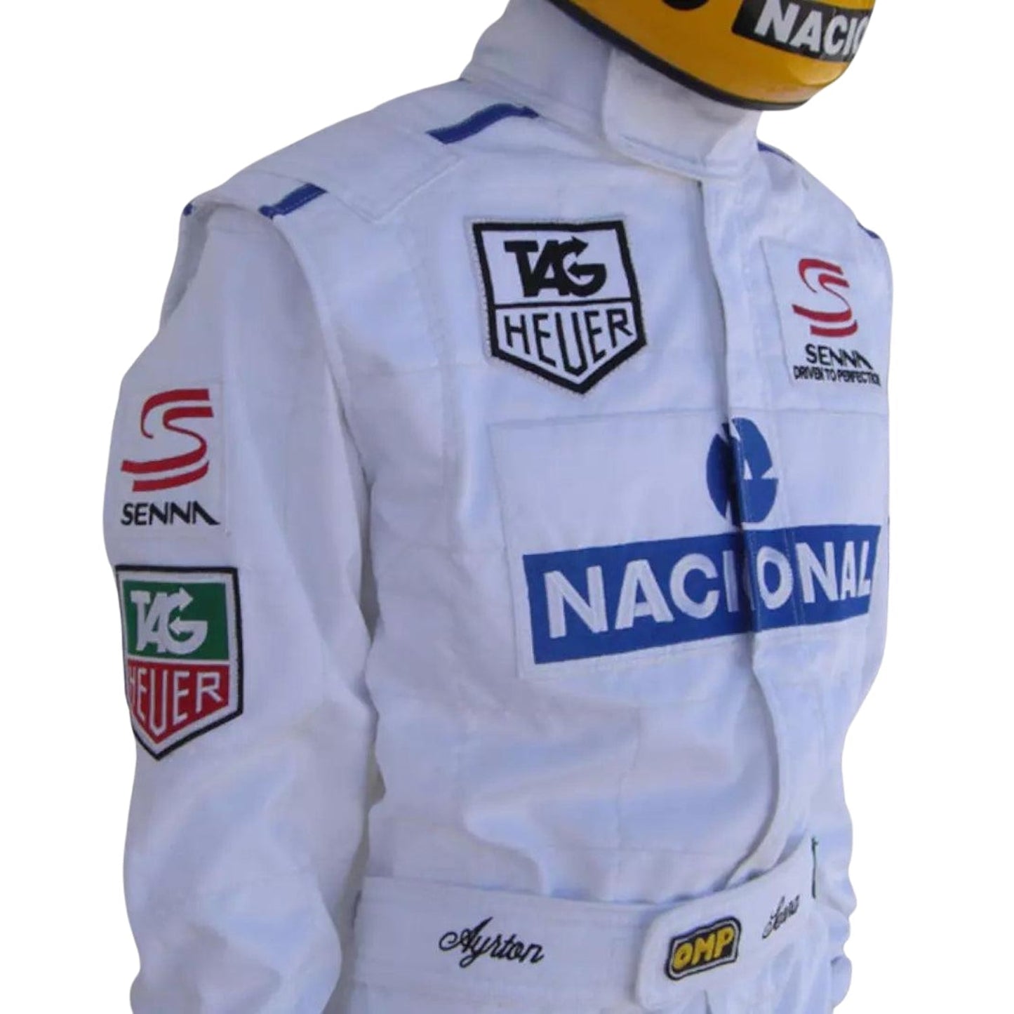 Side angle of the 1993 Senna race suit, highlighting the aerodynamic tailoring, shoulder padding, and contrasting sponsor logos in white and yellow.