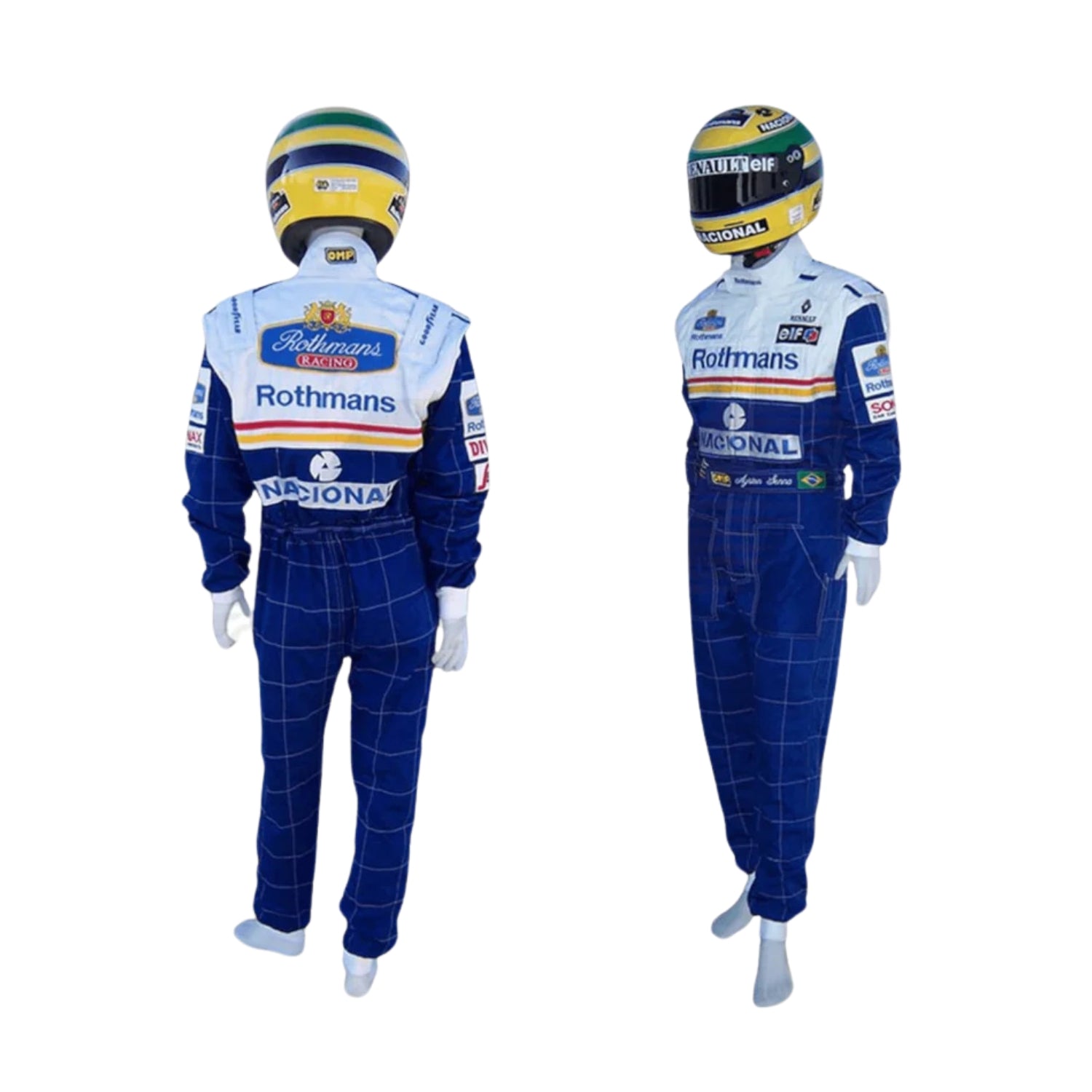 Front view of Ayrton Senna’s 1994 F1 racing suit, featuring his iconic yellow and blue design, reflecting his final season in Formula 1 before his tragic passing.
Back view of Ayrton Senna’s 1994 racing suit, showcasing bold sponsor patches and the striking color design, a tribute to his dedication to racing.