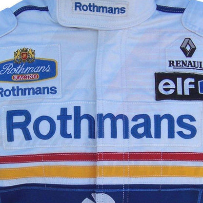 Close-up of Ayrton Senna’s 1994 F1 racing suit, showcasing intricate stitching and vibrant sponsor logos, capturing the legacy of a Formula 1 icon.