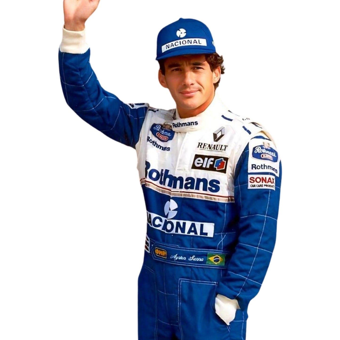 Close-up of Ayrton Senna’s 1994 F1 racing suit, showcasing intricate stitching and vibrant sponsor logos, capturing the legacy of a Formula 1 icon.