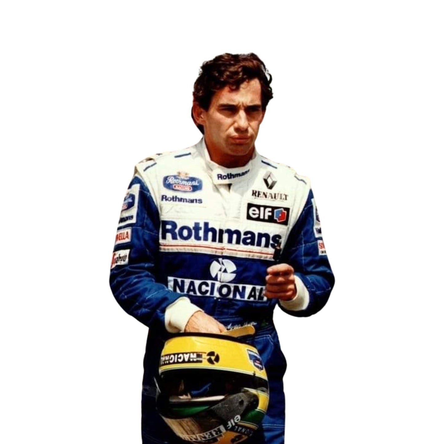 Close-up of Ayrton Senna’s 1994 F1 racing suit, showcasing intricate stitching and vibrant sponsor logos, capturing the legacy of a Formula 1 icon.