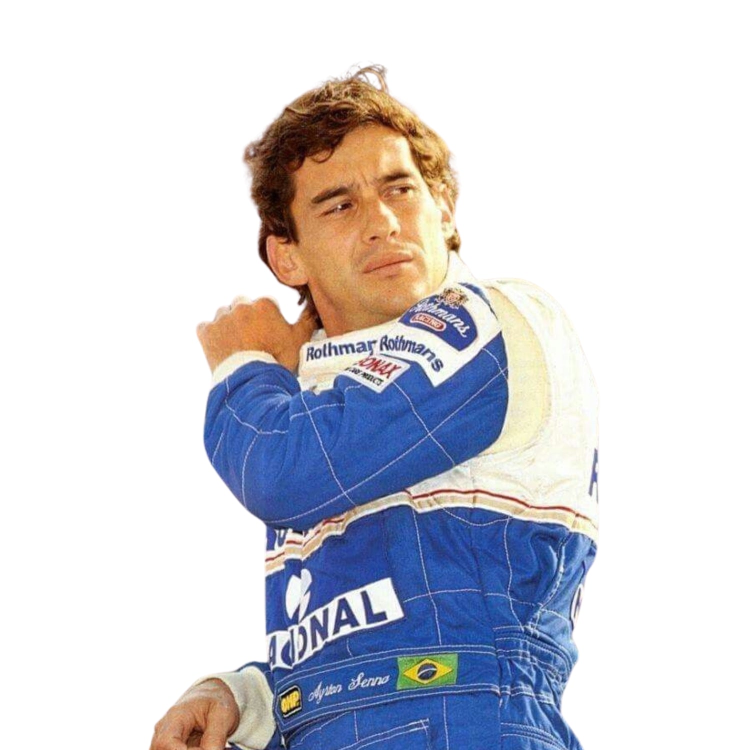 Side profile of the 1994 racing suit worn by Ayrton Senna, highlighting the sharp, dynamic lines and bold colors that defined his final racing season.