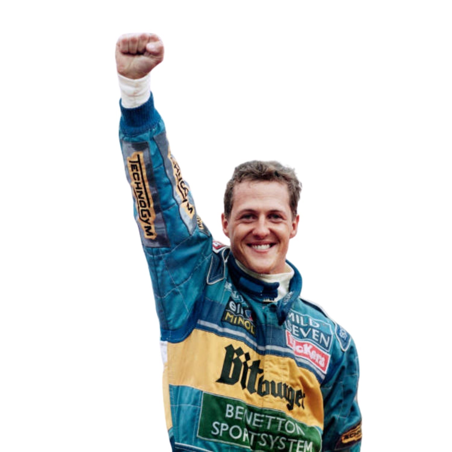 Close-up shot of Schumacher’s 1995 race suit, displaying detailed stitching, blue-green paneling, and the iconic yellow Bitburger logo placement.
