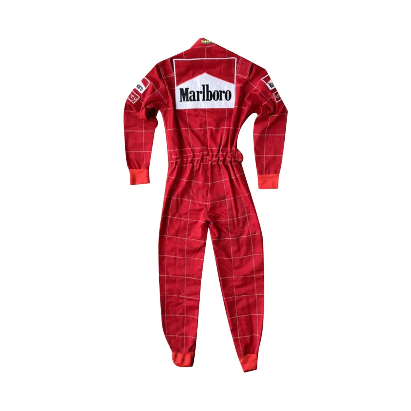 Backside of Schumacher’s 1996 race suit, showcasing Ferrari red and white design with classic sponsor patches, marking his first season
