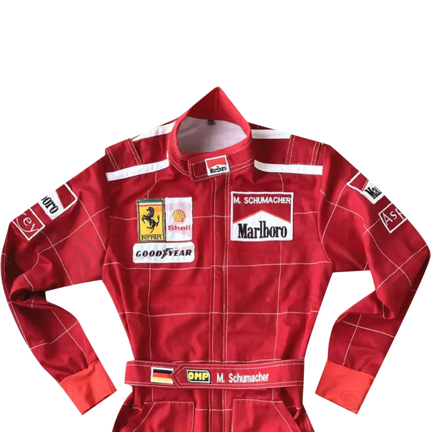 Close-up of Schumacher’s 1996 F1 suit, featuring the detailed stitching, Ferrari red color, and early sponsor branding from his debut season