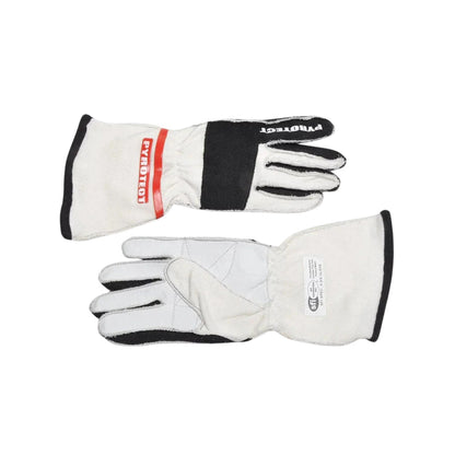 Pair of white and black Pro Reverse Stitch SFI-52-Layer Racing gloves with visible branding on a white background