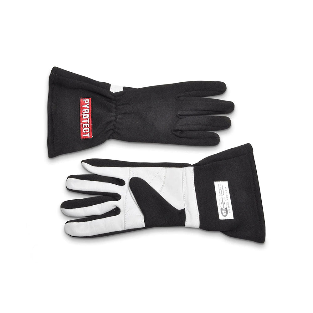 Black and white Pro Reverse Stitch SFI-52-Layer Racing gloves with visible branding on a white background