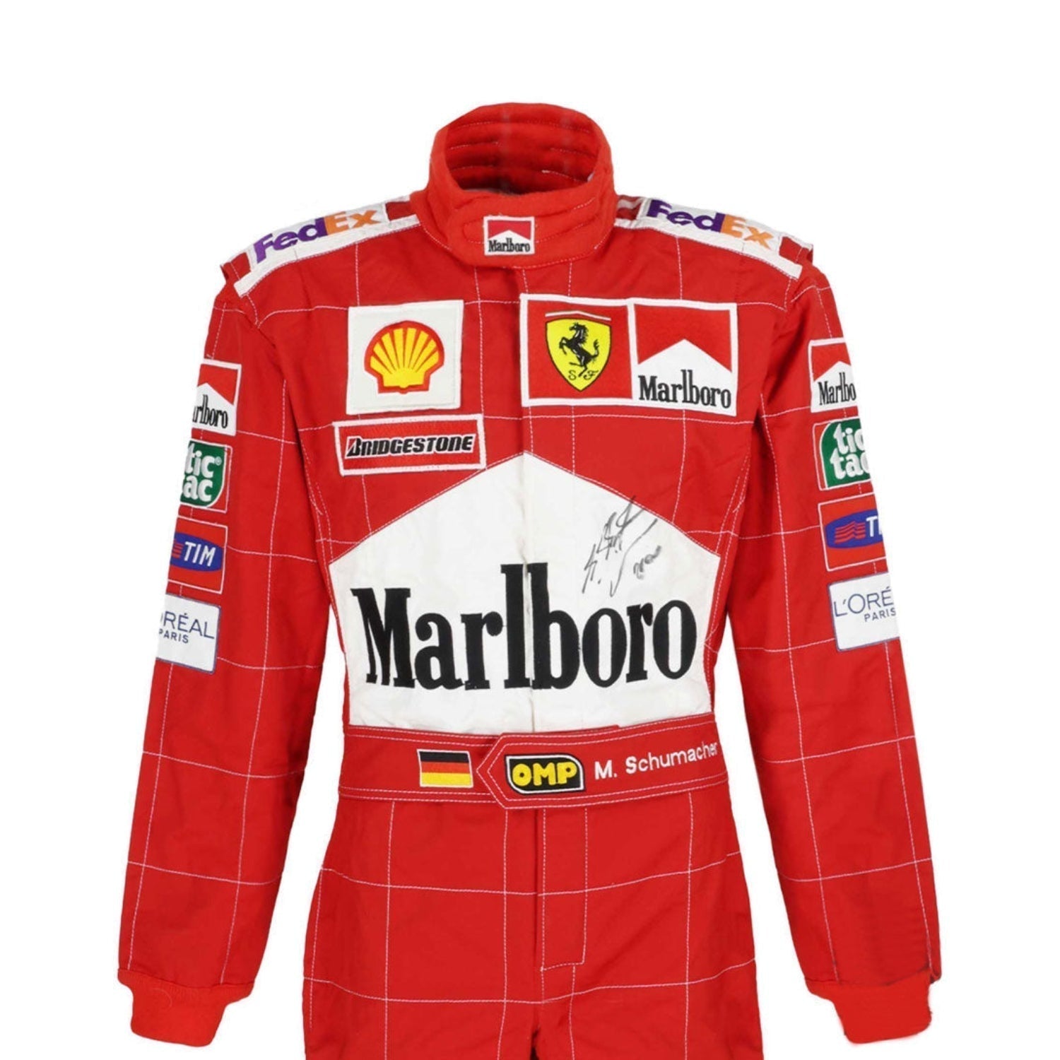 schumacher Red racing suit with various sponsor logos on a white background