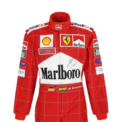 schumacher Red racing suit with various sponsor logos on a white background
