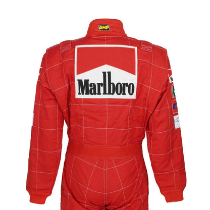Backside of Schumacher’s 2004 F1 suit, featuring a bold red design accented by crisp white logos, reflecting his seventh world title glory.