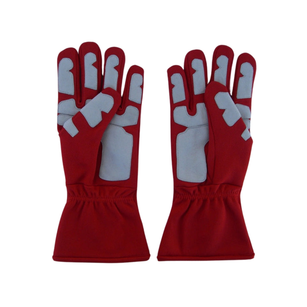 Pair of red Michael Schumacher 2006 F1 Racing gloves with gray accents on a white background