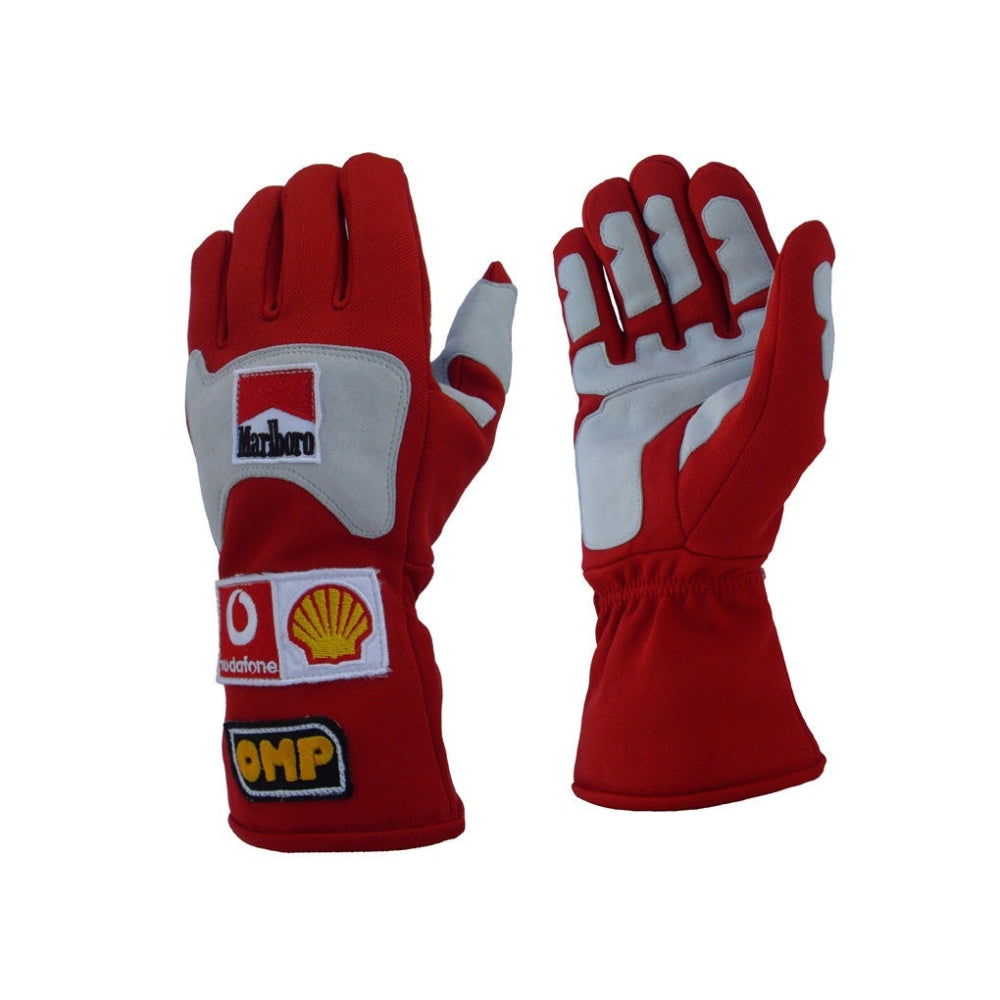 Red and white Michael Schumacher 2006 F1 Racing gloves with multiple brand logos on a white background