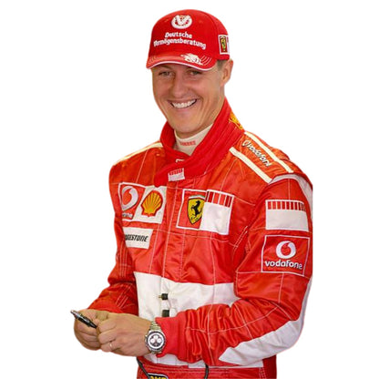 Michael Schumacher wearing a Ferrari red F1 racing suit in 2006 with various sponsor logos on a white background