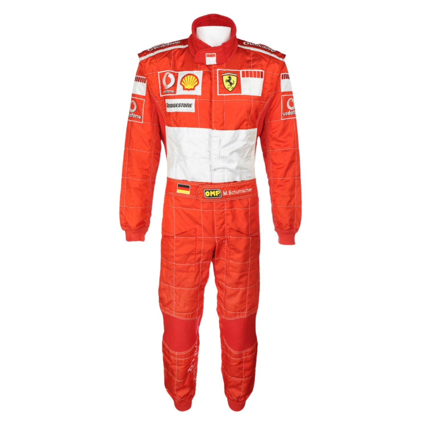 Michael Schumacher's Ferrari Red F1 racing suit in 2006 with multiple brand logos on a white background