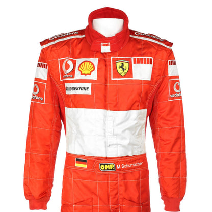 2006 Michael Schumacher's Ferrari Red and white f1 racing suit with various sponsor logos on a white background