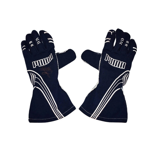 Pair of black Sebastian Vettel 2007/8 F1 racing gloves with white accents on a white background