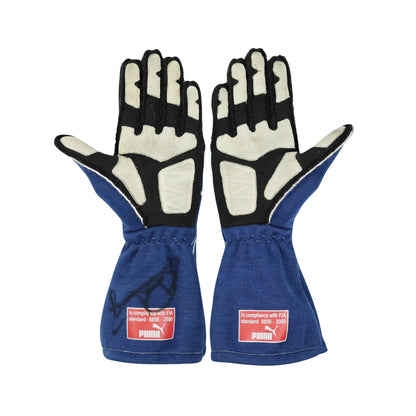 Pair of blue Nico Rosberg 2007 F1 racing gloves with white and black accents on a white background