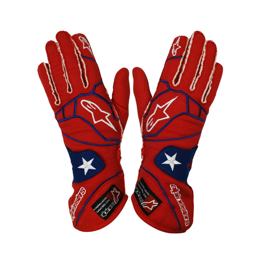 Red Danica Patrick 2008 Indy Car racing gloves with a star and stripe design on a white background