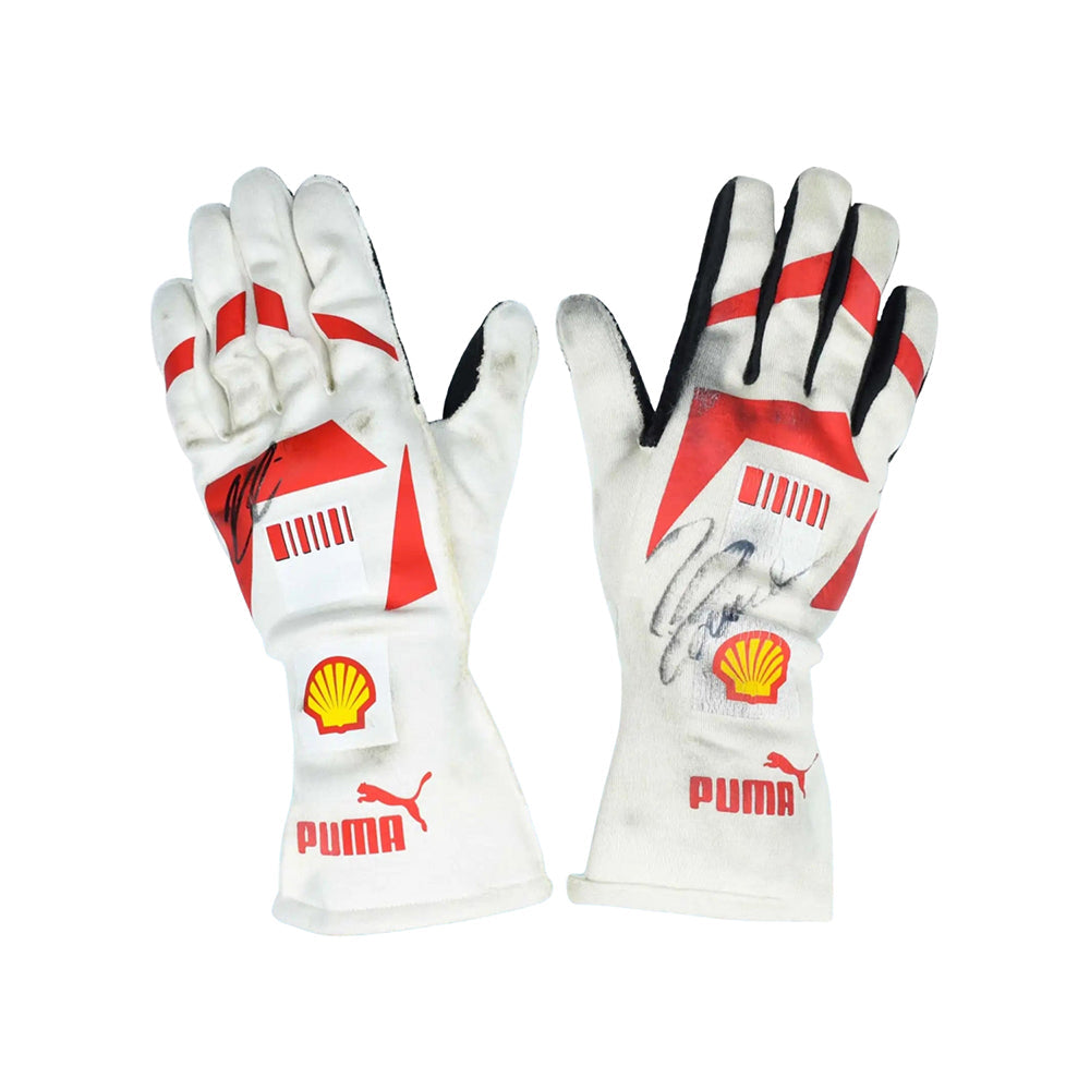 Pair of white Kimi Raikkonen / Felipe Massa 2008 F1 Racing gloves with red and black accents, featuring Puma and Shell logos on a white background.