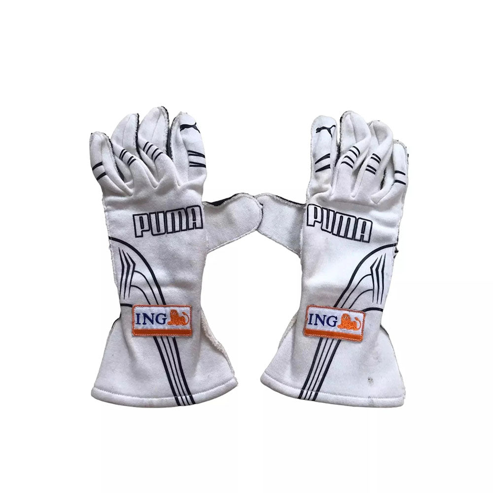 Pair of white Fernando Alonso 2009 F1 Racing gloves with Puma and ING logos on a white background