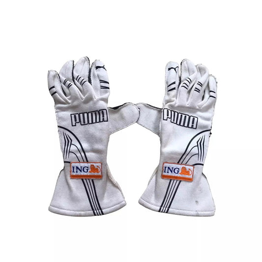 Pair of white Fernando Alonso 2009 F1 Racing gloves with Puma and ING logos on a white background