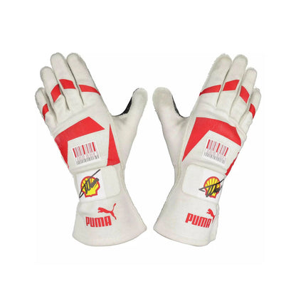 White Fernando Alonso 2010 Japanese GP F1 Racing gloves with red accents and Puma logo on a white background