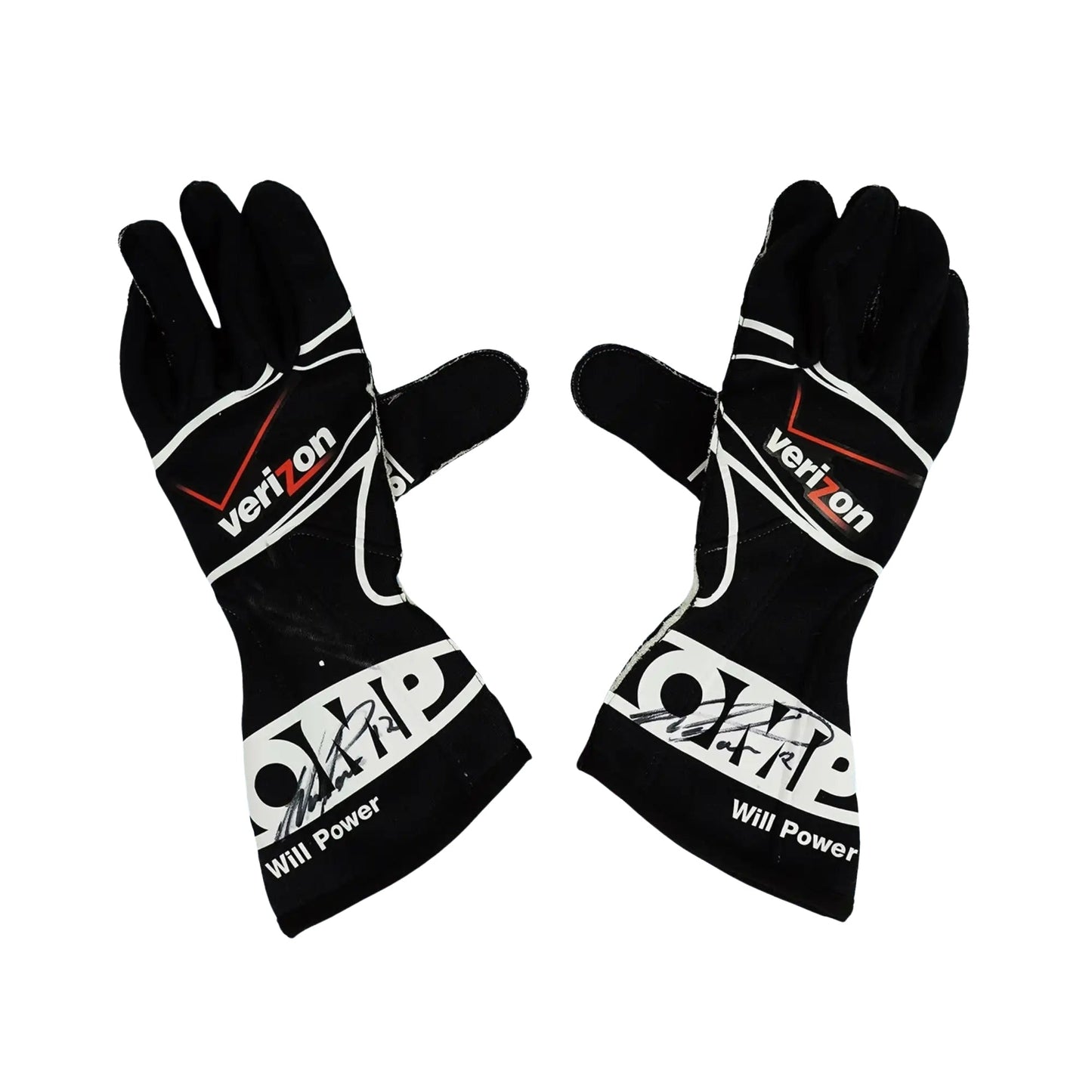 Black Will Power 2011 IndyCar racing gloves with Verizon and Will Power branding on a white background