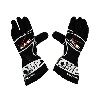 Black Will Power 2011 IndyCar racing gloves with Verizon and Will Power branding on a white background