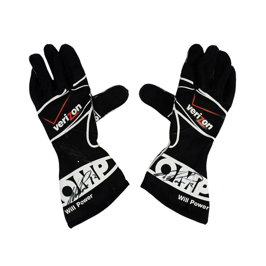 Black Will Power 2011 IndyCar racing gloves with Verizon and Will Power branding on a white background
