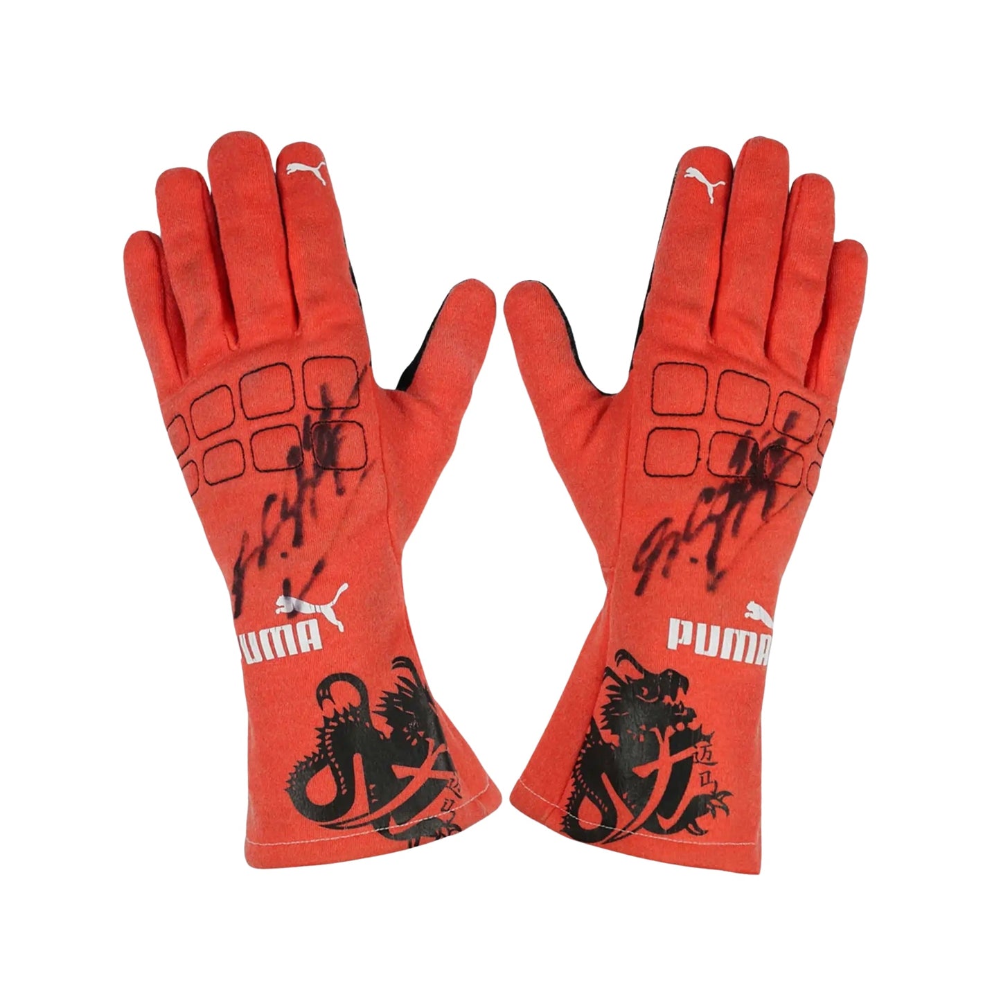 Red Michael Schumacher 2012 F1 Racing gloves with black designs and Puma logo on a white background