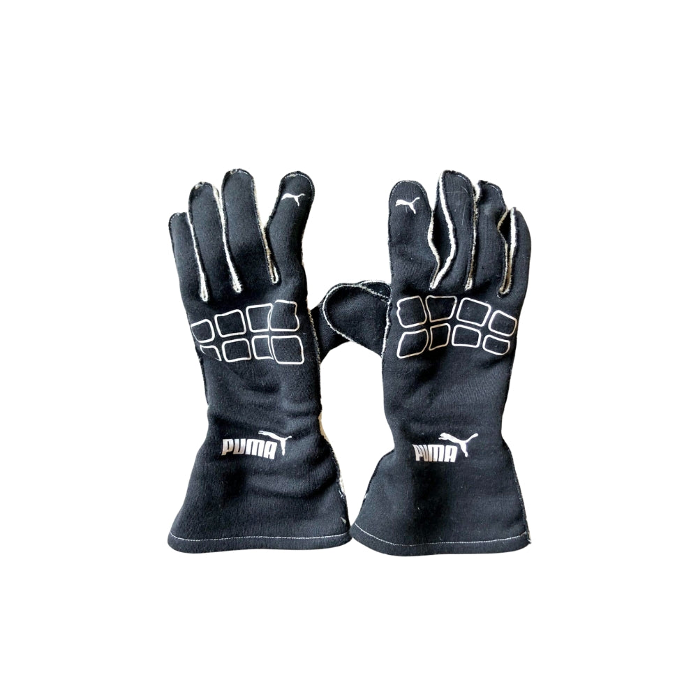 Pair of black Lewis Hamilton 2013 Bespoke Puma Racing gloves with Puma logo on a white background