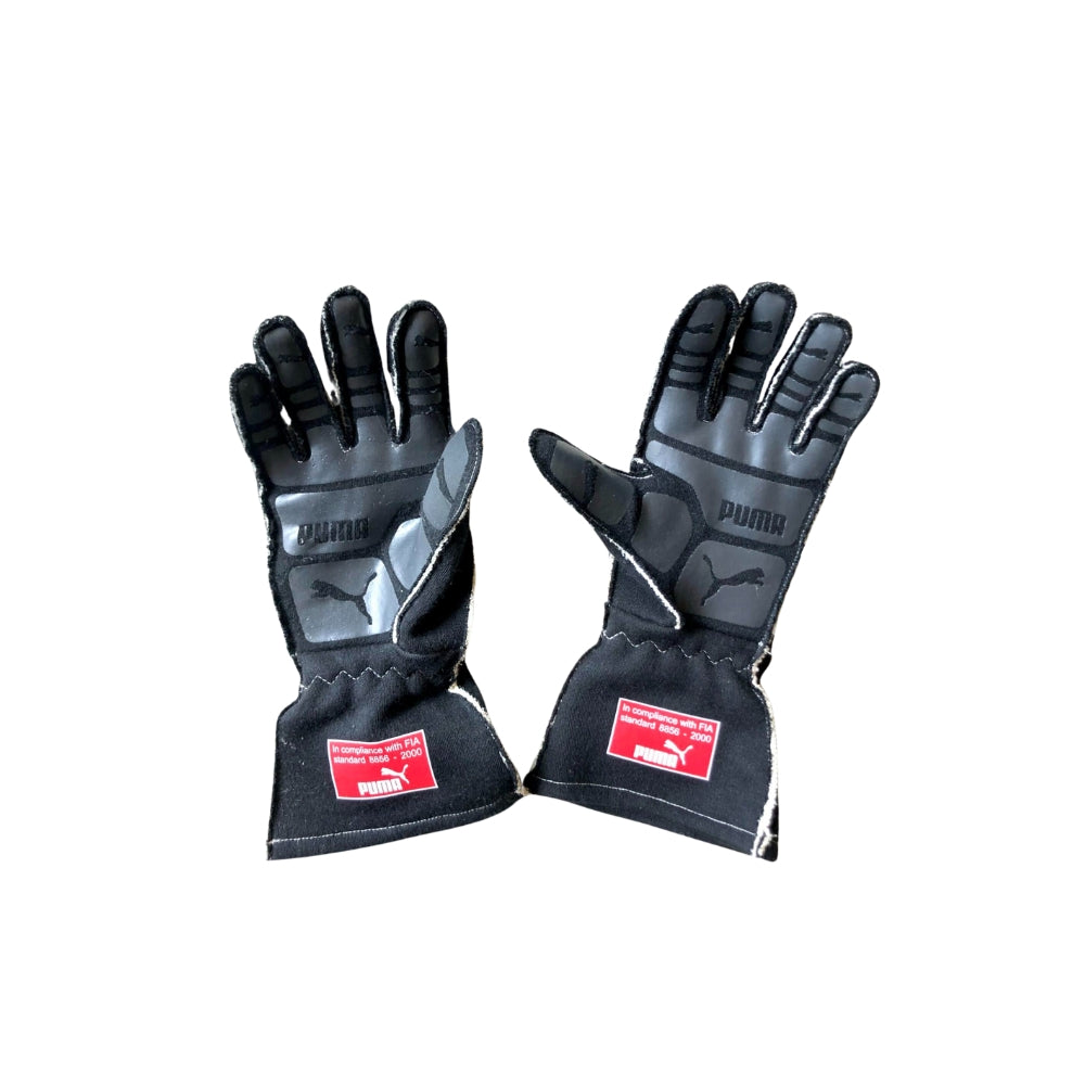 Pair of black Lewis Hamilton 2013 Bespoke Puma Racing gloves with Puma logo on a white background